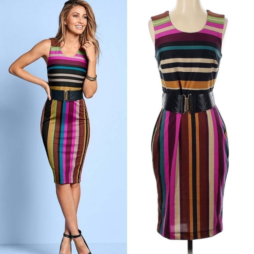 NEW VIBRANT STRIPED SHEATH BODYCON DRESS WITH BELT SZ MEDIUM